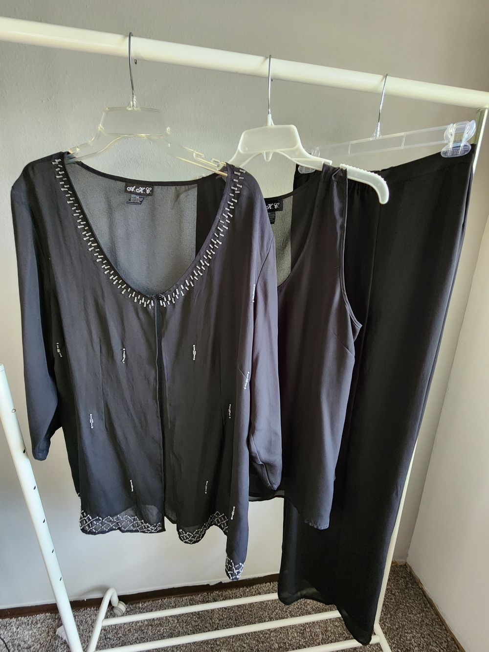 A.K.C. 3pcs Set. Black V-Neck Top with Beaded Trim